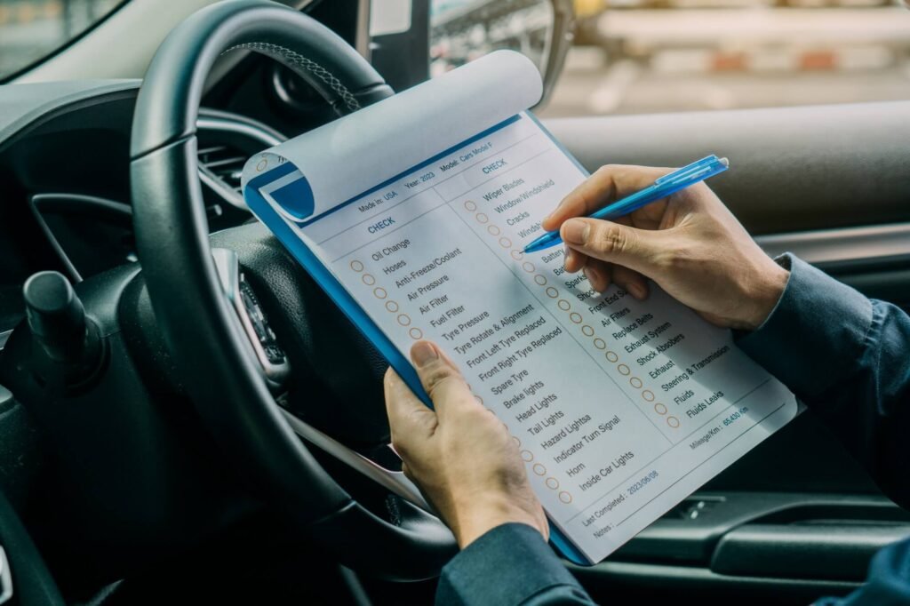 A rental checklist being filled in from the driver seat
