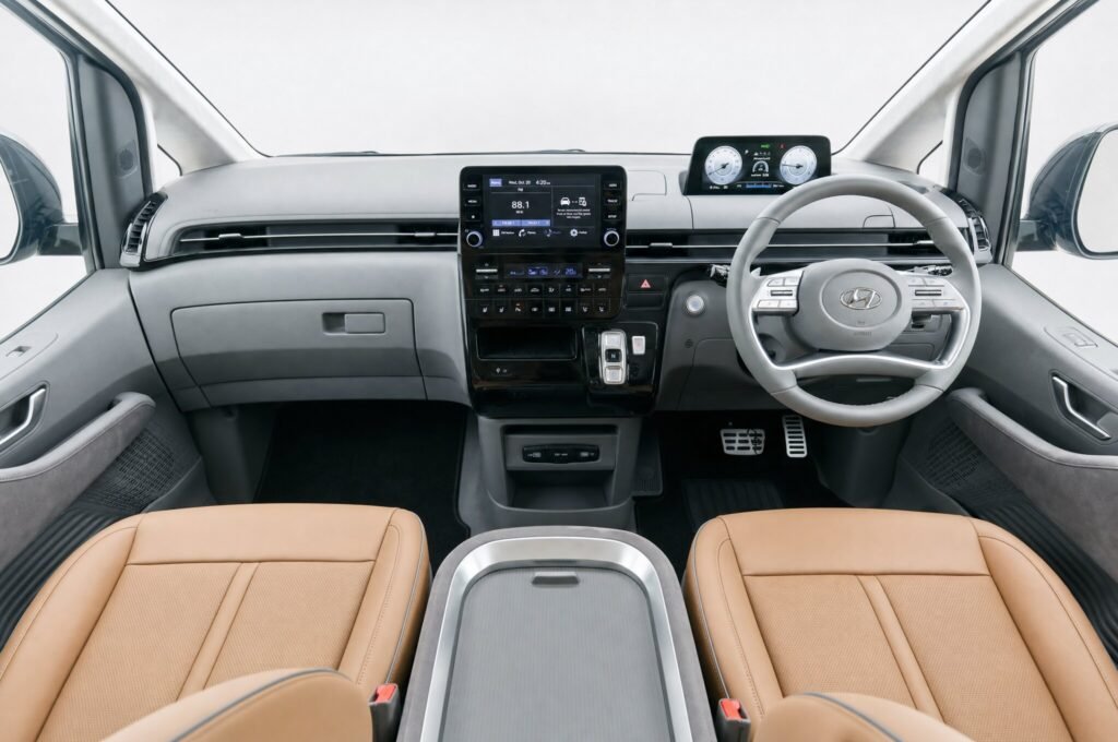 Front cabin of the Hyundai Staria, showing the dashboard, steering wheel and front seats