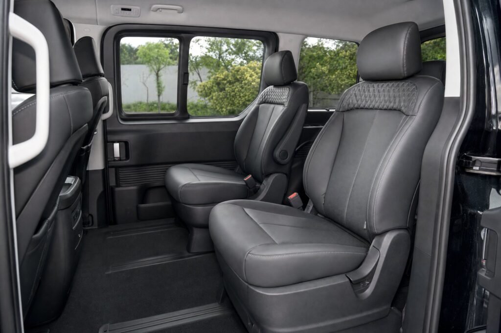 Rear passenger seats of the Hyundai Staria, showing the legroom and upholstery