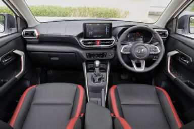 Front cabin of the Perodua Ativa, showing the dashboard, steering wheel and front seats