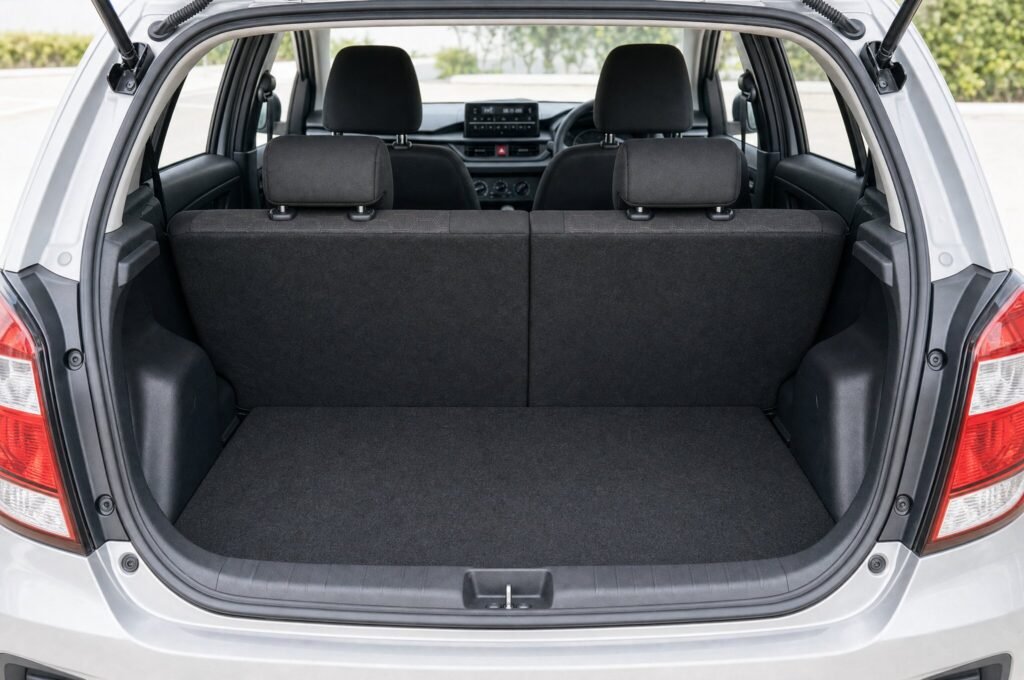 Open boot of the Perodua Axia (Facelift), showing the luggage compartment