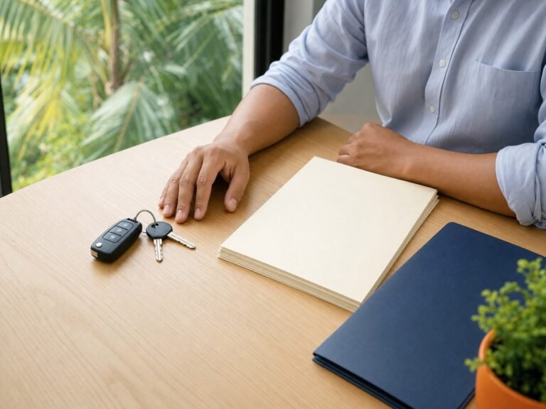 Car keys and lease paperwork on a desk