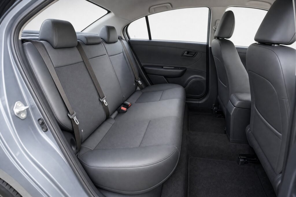 Rear passenger seats of the Proton Saga, showing the legroom and upholstery