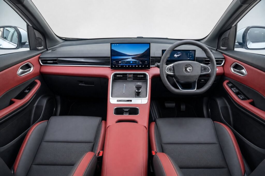Front cabin of the Proton X50, showing the dashboard, steering wheel and front seats