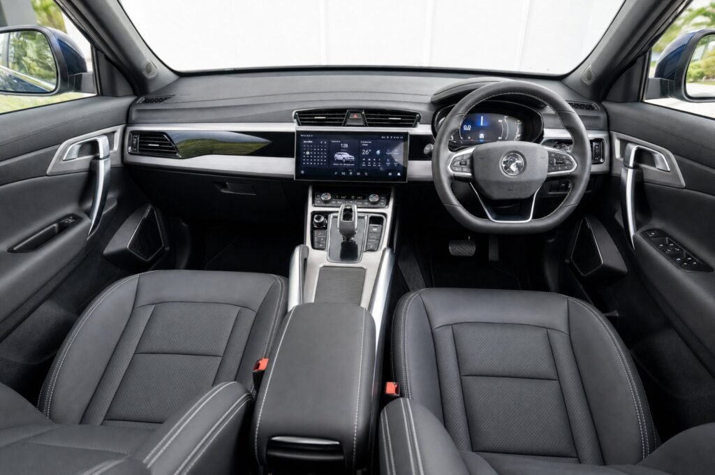 Front cabin of the Proton X70, showing the dashboard, steering wheel and front seats