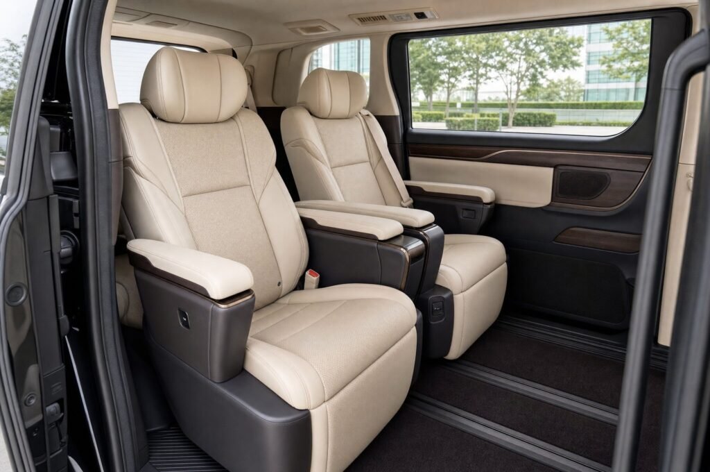 Rear passenger seats of the Toyota Alphard (AGH40), showing the legroom and upholstery