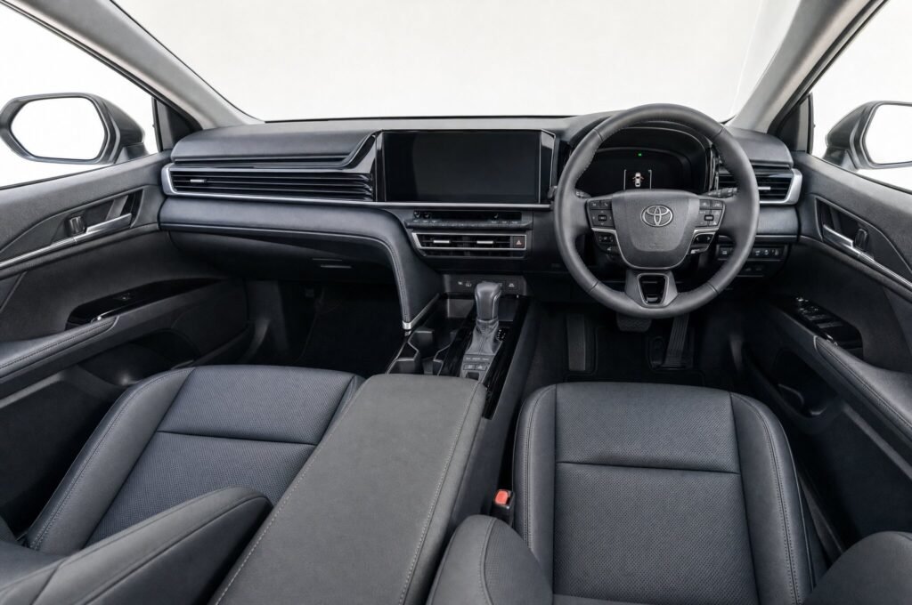 Front cabin of the Toyota Camry, showing the dashboard, steering wheel and front seats
