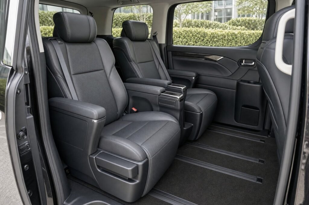 Rear passenger seats of the Toyota Vellfire (AGH30), showing the legroom and upholstery